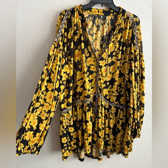 Free People Yellow and Black Tiered Sundress with Bishop Sleeves M - Picture 12 of 16